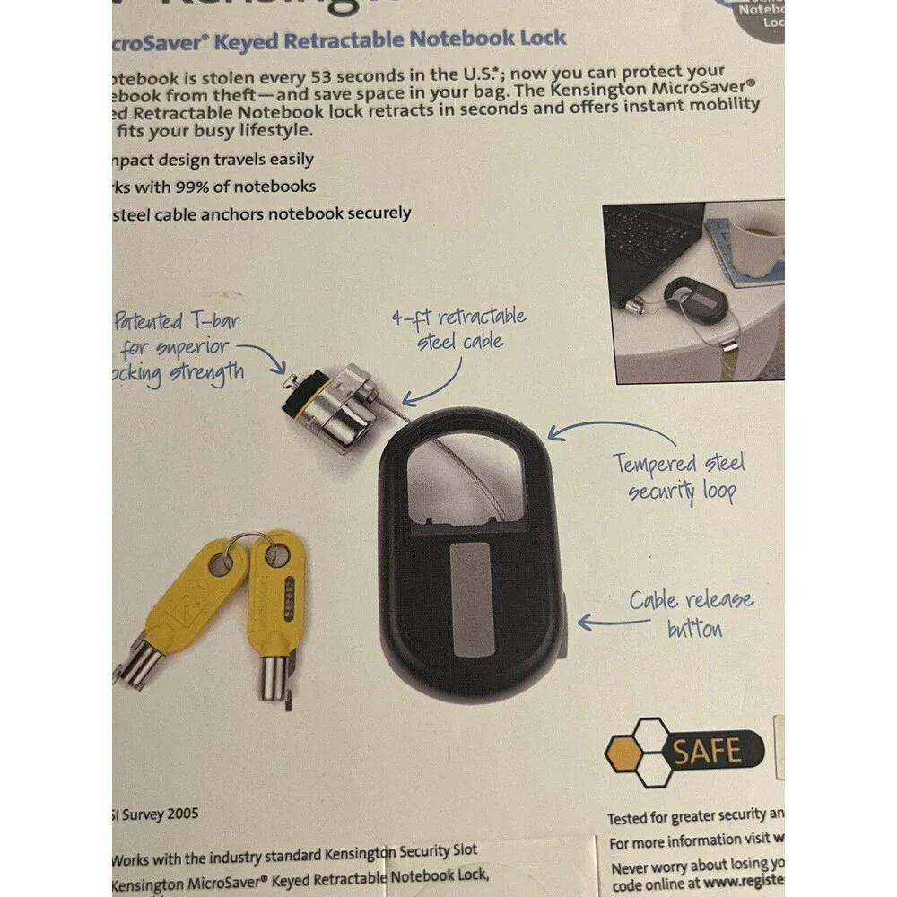 Kensington MicroSaver Keyed Laptop Notebook Lock 4ft Retractable Steel Cable New